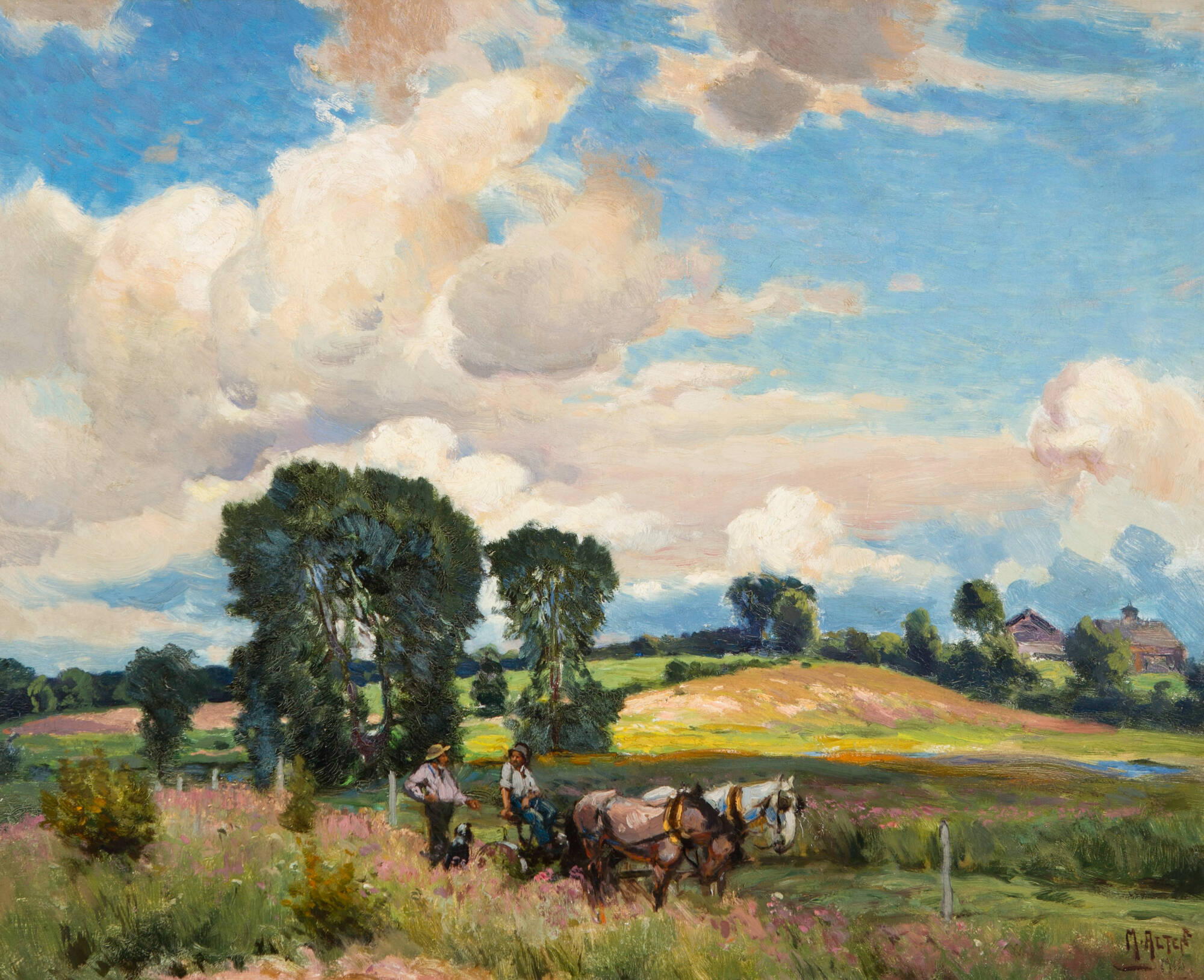 Colorful landscape of a bright green field with farmers and two horses. Bight blue sky with clouds and green trees in the background.